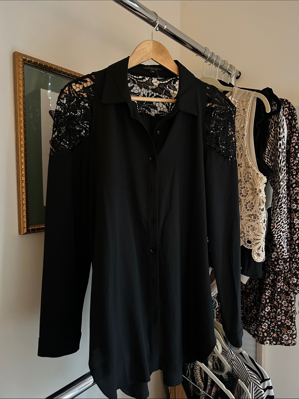 Alberto Makali M long sleeve Elegant Black Lace Shoulder Women's Top